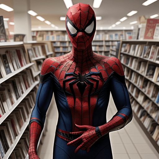 AI generated: Photo of spiderman, shopping in a bookstore