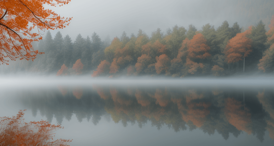 AI generated: foggy lake with tree and greens around it, blue tint, cold, fall season, realistic, dark
