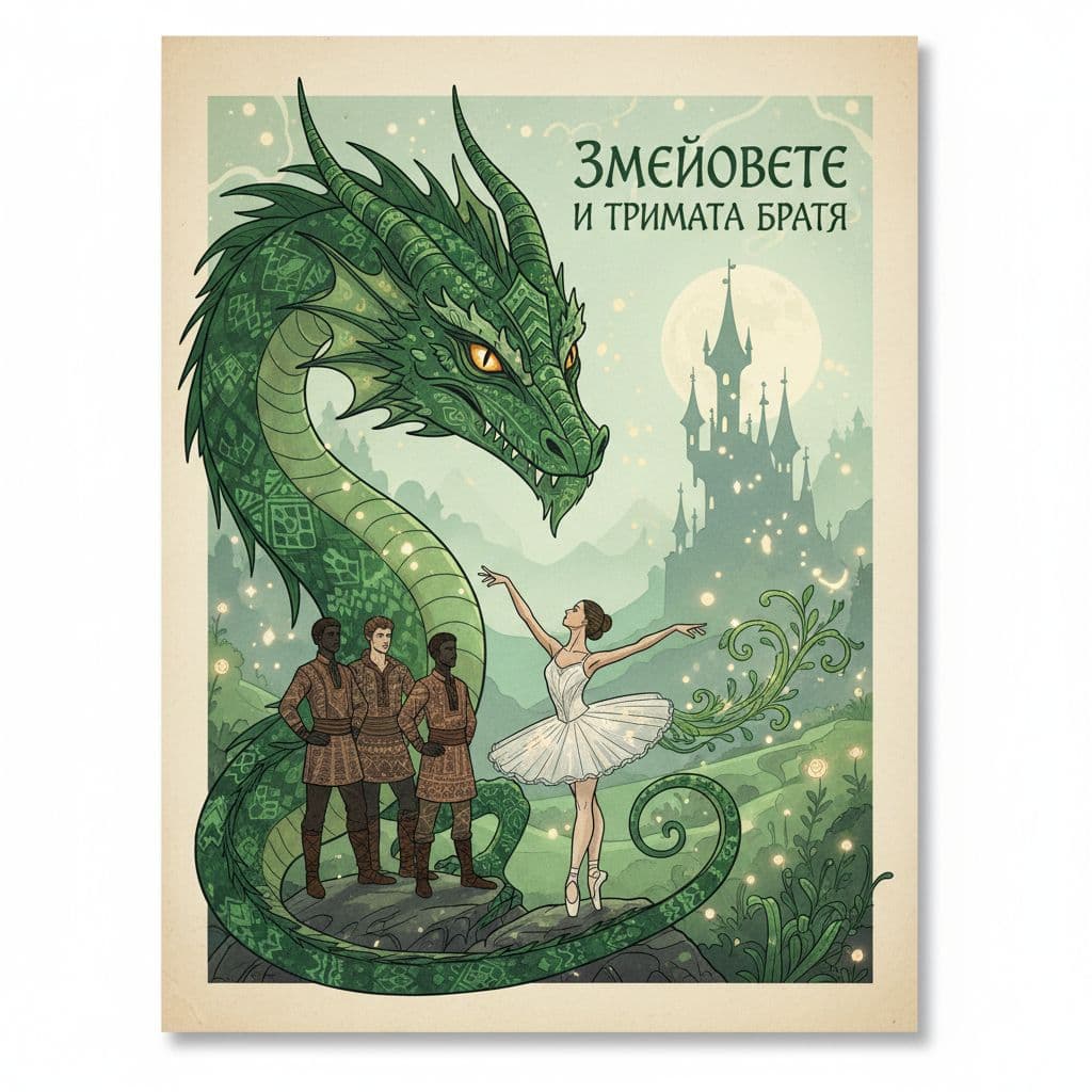 AI generated: poster A3 size, with green bulgarian folklor dragon, traditional tail for the dragon and the tree br...