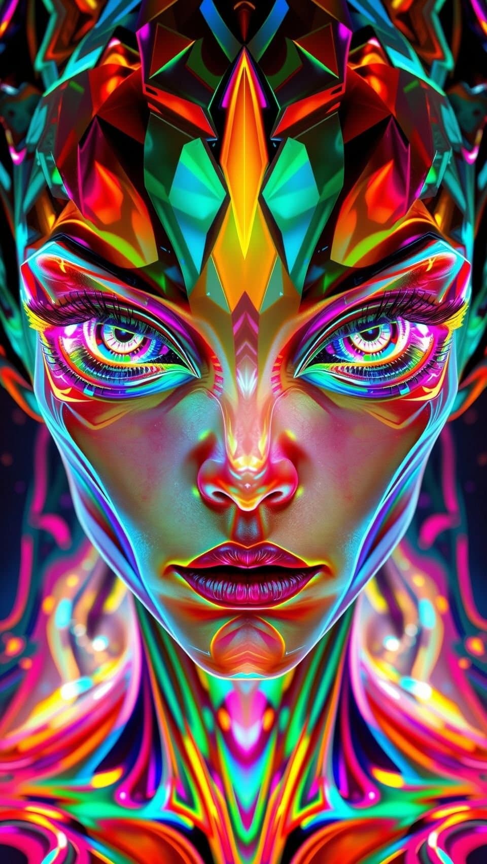 AI generated: alien face of woman,prisma art style, vibrant prism-inspired colors, geometric light refractions, fa...