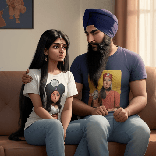 AI generated: a punjabi woman, with long hair in jeans, and 
a sikh boy, both wearing same tshirt "ARSH" written o...