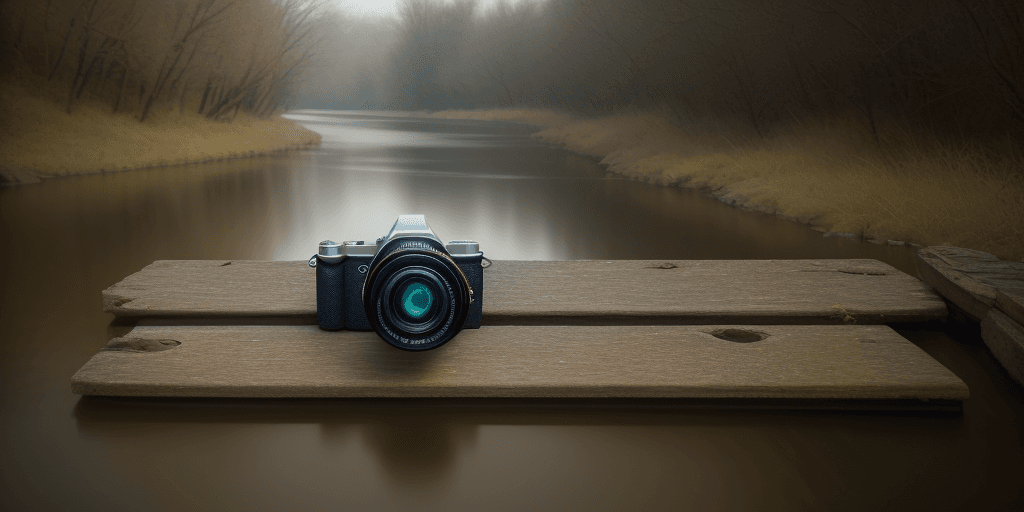 AI generated: a photo of a camera's lens, showing the river appears as a tranquil masterpiece waiting to be captur...