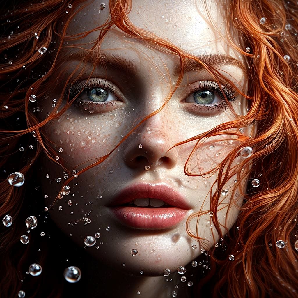 AI generated:  An extreme close-up shot of water droplets falling on a woman's face, realistic detail, sharp focus...