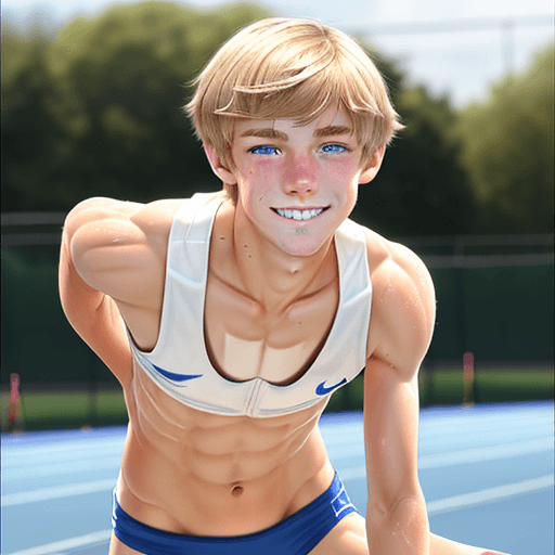 AI generated: 15 year old blond athletic runner, high school track, no shirt, floppy brown hair parted to the side...