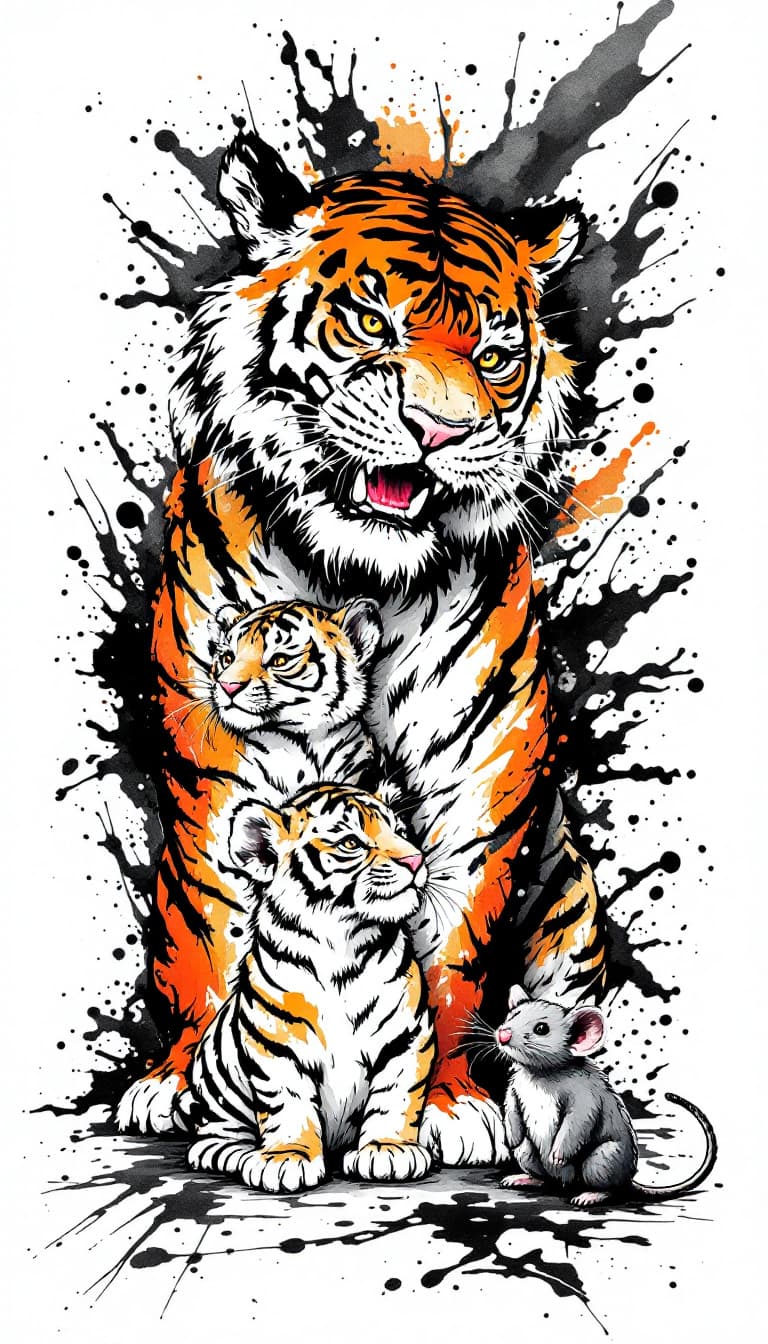 AI generated: a tiger and two tiger cubs, and a oversized mouse,ferocious, detailed,full-body shots,ink style,Ink ...