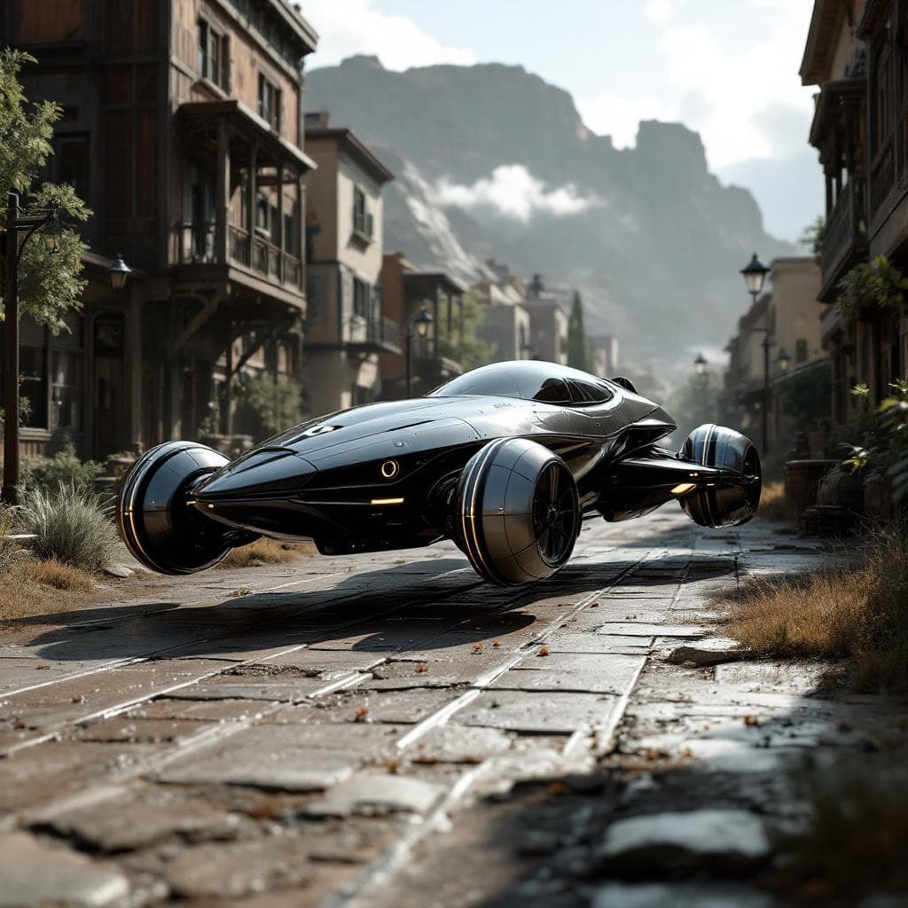 AI generated: Create a sleek, futuristic land speeder that can float across the rough terrain of the Old West. Unr...