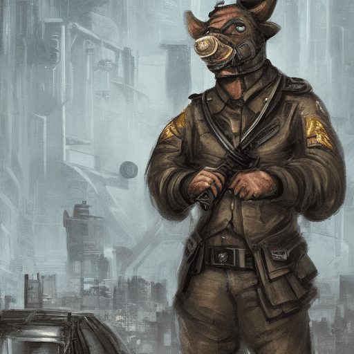 AI generated: A humanoid boar in a WWII sergeant's uniform, in a cyberpunk dystopian city