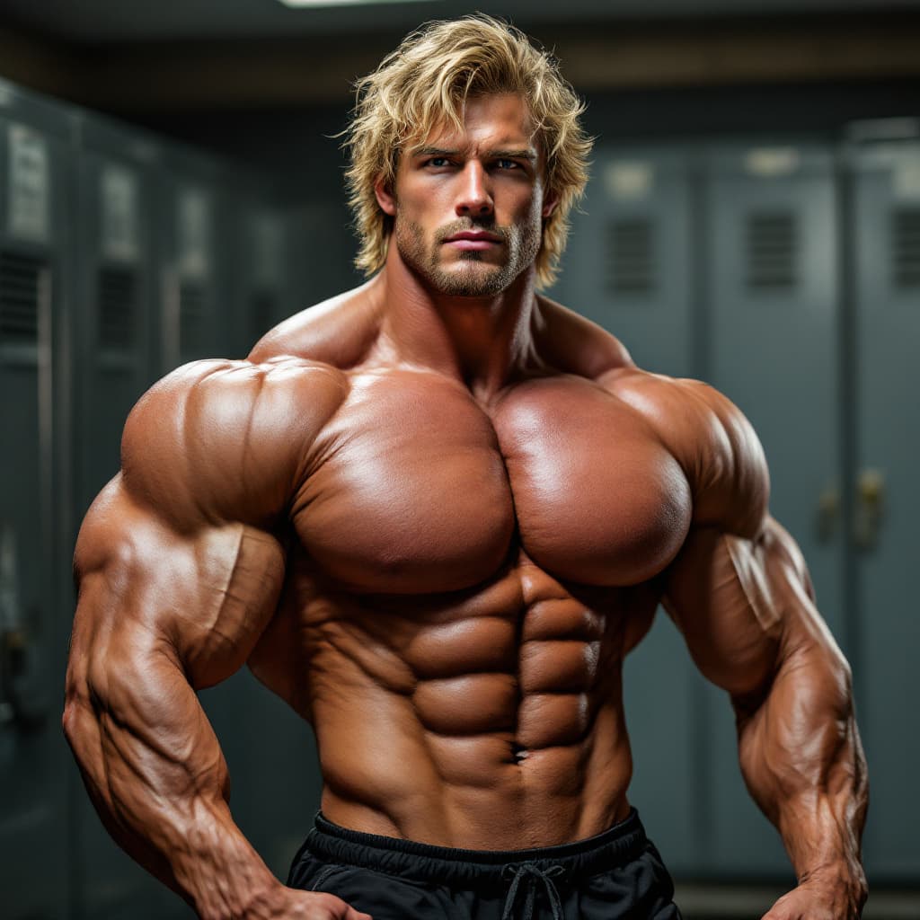 AI generated: handsome male bodybuilder with large chest and arms, with blonde shaggy hair, wearing black shorts, ...