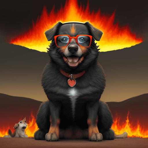 AI generated: dog with glasses, very angry and stressed, maximum quality, background with a burning landscape, dar...