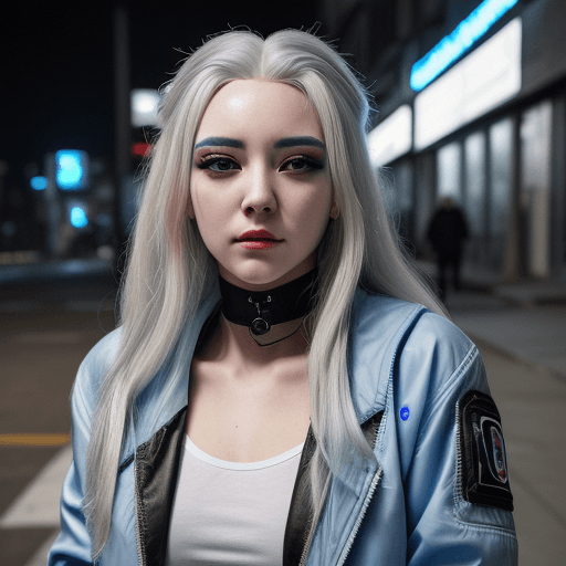 AI generated: A lady with a gorgeous face, and sleepy beautiful grey eyes, wearing a blue jacket, long white hair,...