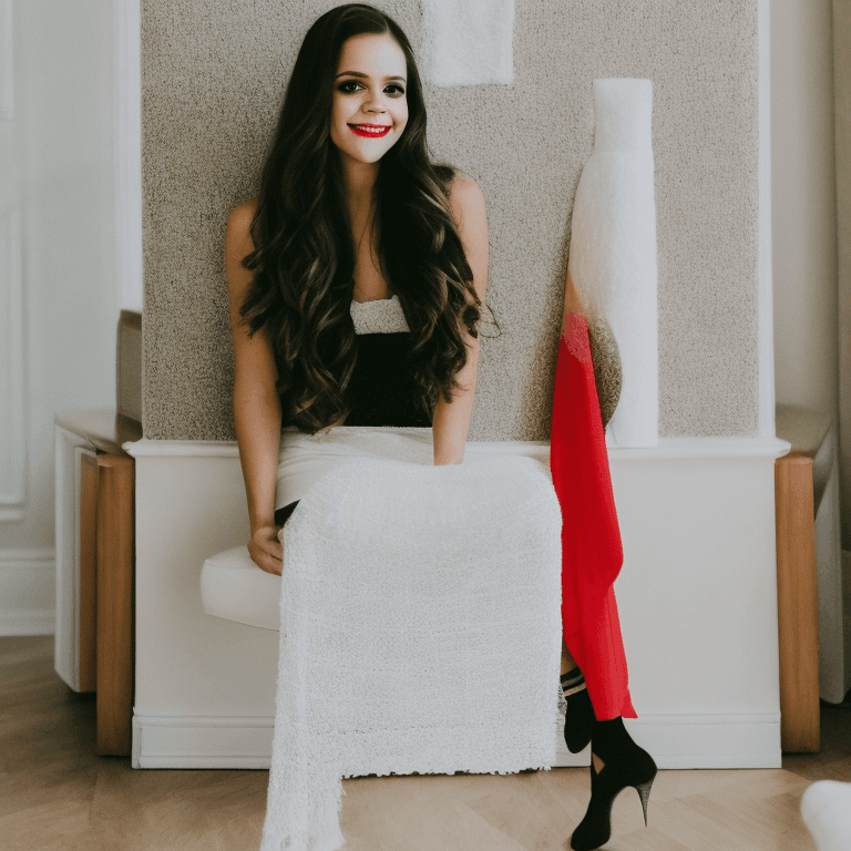 AI generated: portrait photo ((Jenna Ortega:1)), ((original face:1)) in red short dress in stockings and high heel...