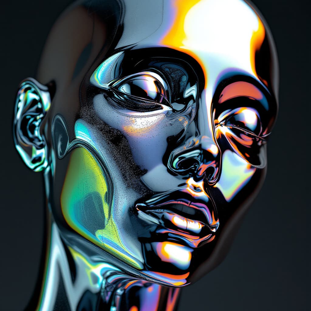 AI generated: highly reflective, polished iridescent humanoid face, distorted and twisted into abstract shapes, re...
