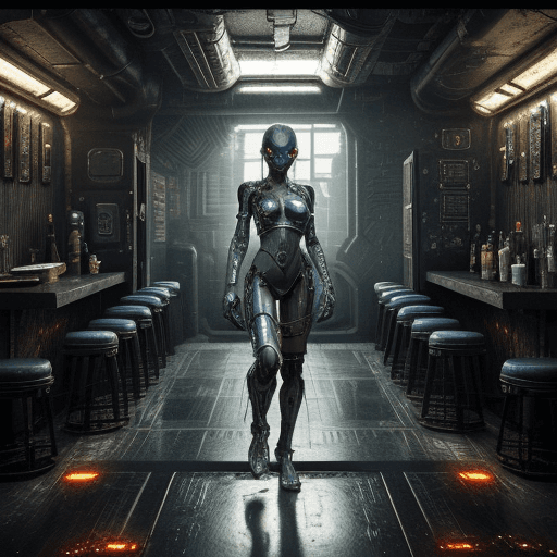 AI generated: night scene, old alien interior tavern, alien cyborg warrior with large cute eyes, dystopia-core, so...