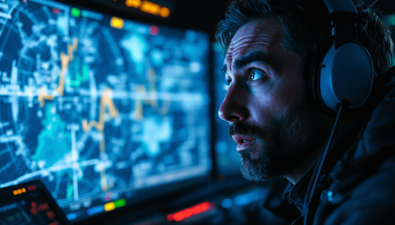 AI generated: (8K) (hyper-detail) image of an air traffic controller at radar screen with a shocked, frozen look o...