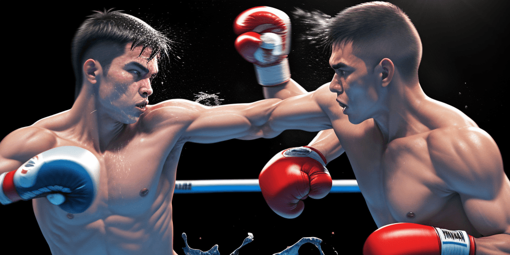 AI generated: Hyper fidelity, a scene of a Malang City male boxer punching his opponent's head, left hook punch, s...
