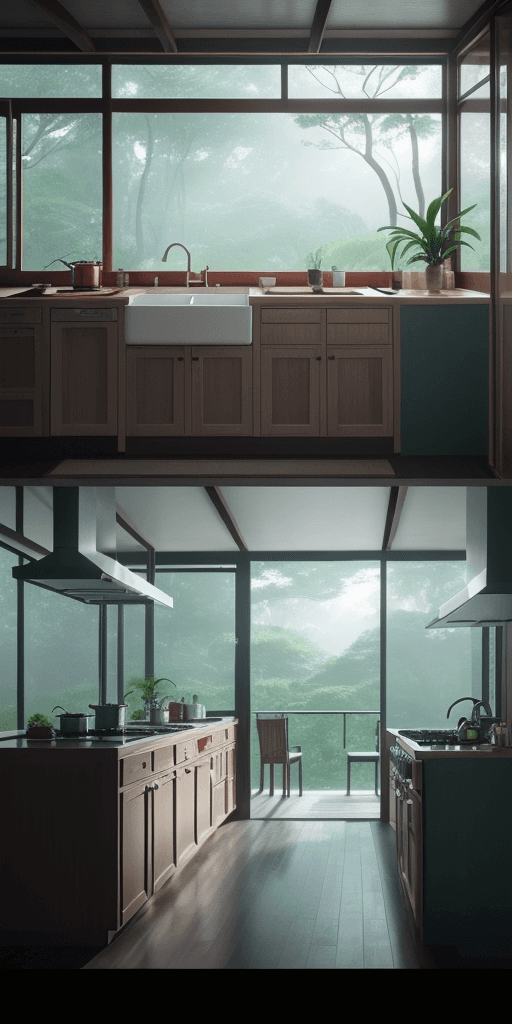 AI generated: kitchen interiors showing all the cupboards and utensils with big window looking out tropical forest...