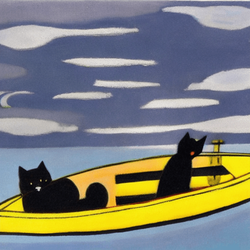 AI generated: Tove Marika Jansson style : : storm, night, 
 black cat in a yellow kayak : : --hd