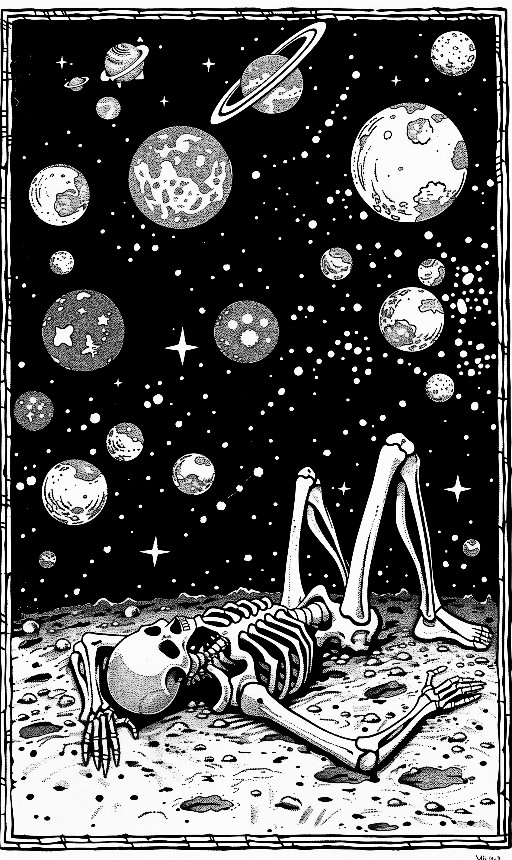 AI generated: woodcut illustration of an undead man laying on the ground, surrounded by glowing orbs, in space wit...