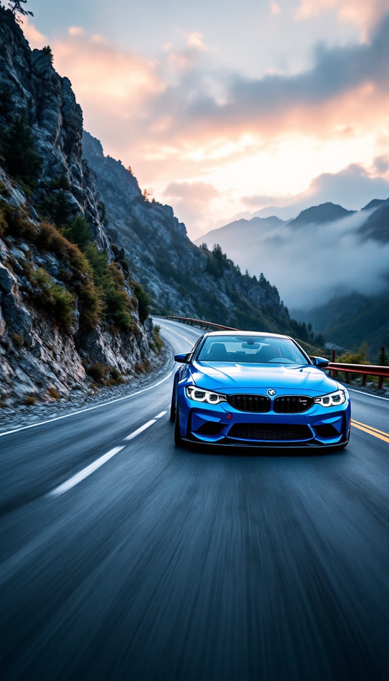 AI generated: A sporty, bright-blue BMW M3 navigates a series of tight curves on a mountain road, the brakes glowi...