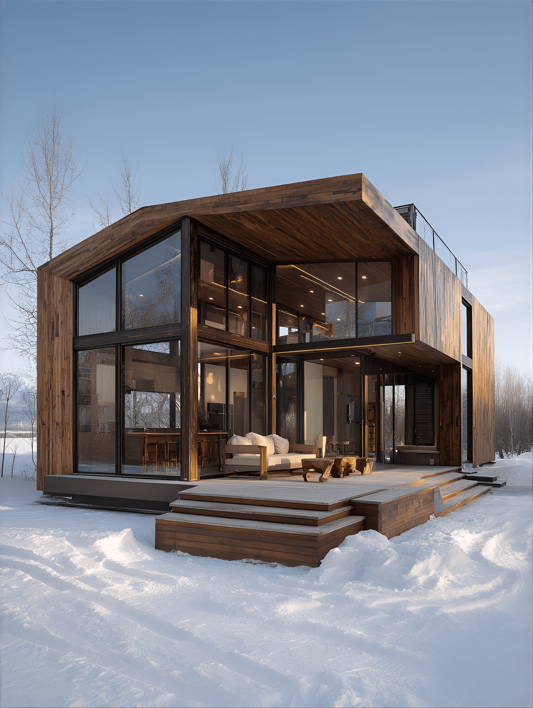 AI generated: high-tech wooden cabin with a geometric design, incorporating sustainable materials, smart
home tec...