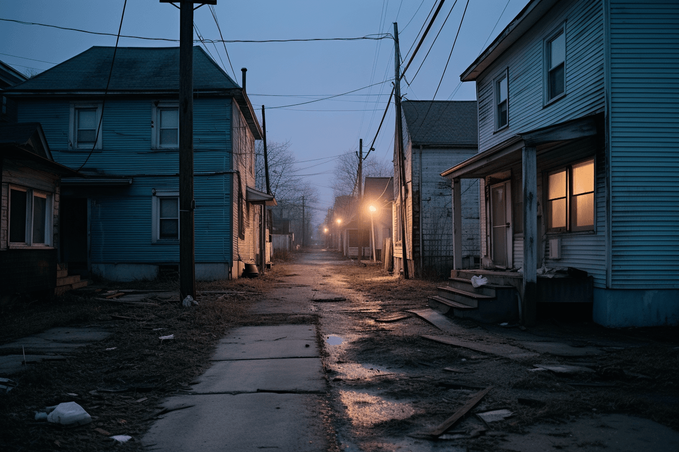 AI generated: A photo of an alley in the suburbs, a house is visible on one side and another building can be seen ...