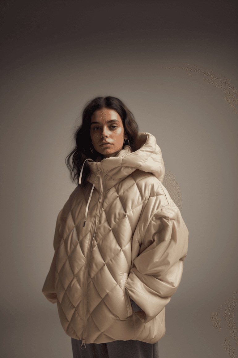 AI generated: The woman in the photo is standing against a beige background, a Tumblr personality. Her outfit cons...