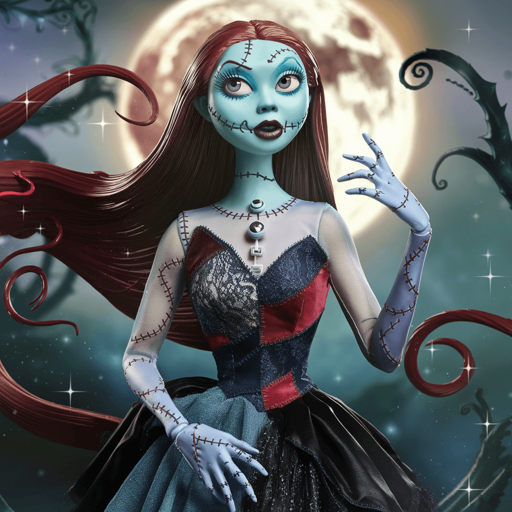 AI generated: A stunning reimagining of Sally from The Nightmare Before Christmas, designed as a beautiful and sty...