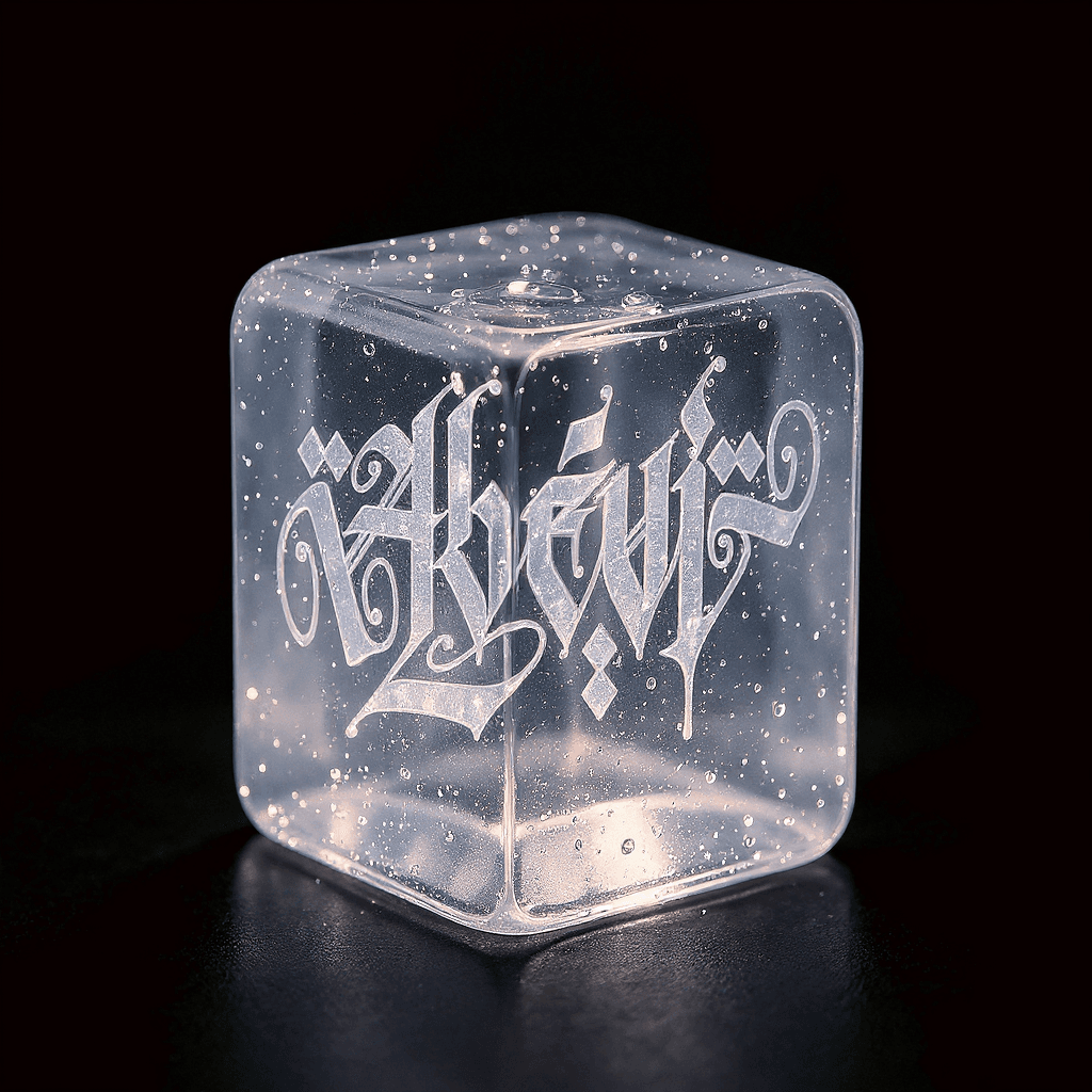 AI generated: A photorealistic 3D glowing logo (attached) encased in rippling crys-tal-clear ice cube, lit from be...