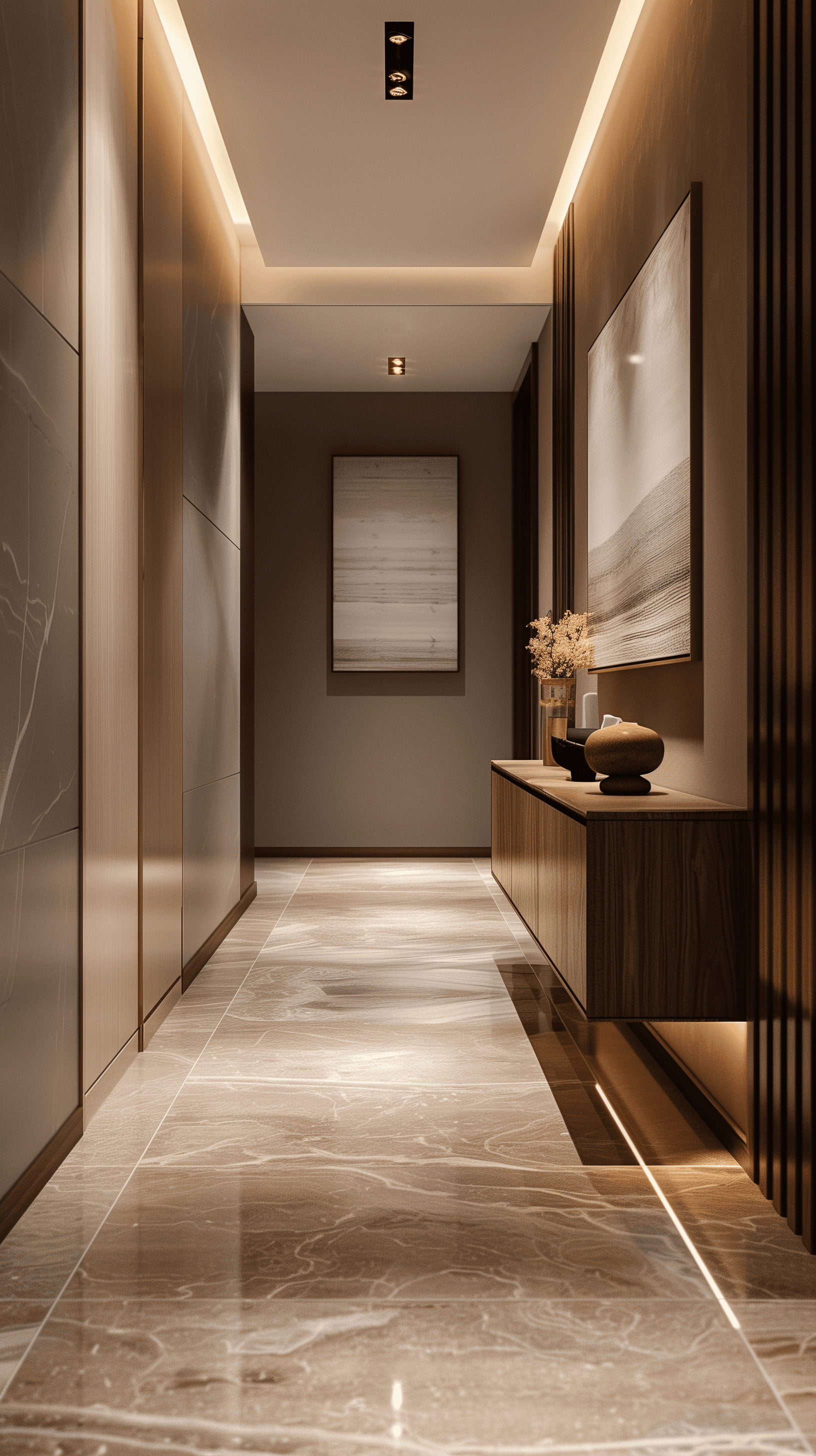 AI generated: photography, minimalist, photorealistic, wide-angle lens, apartment foyer hallway, adorned with soft...