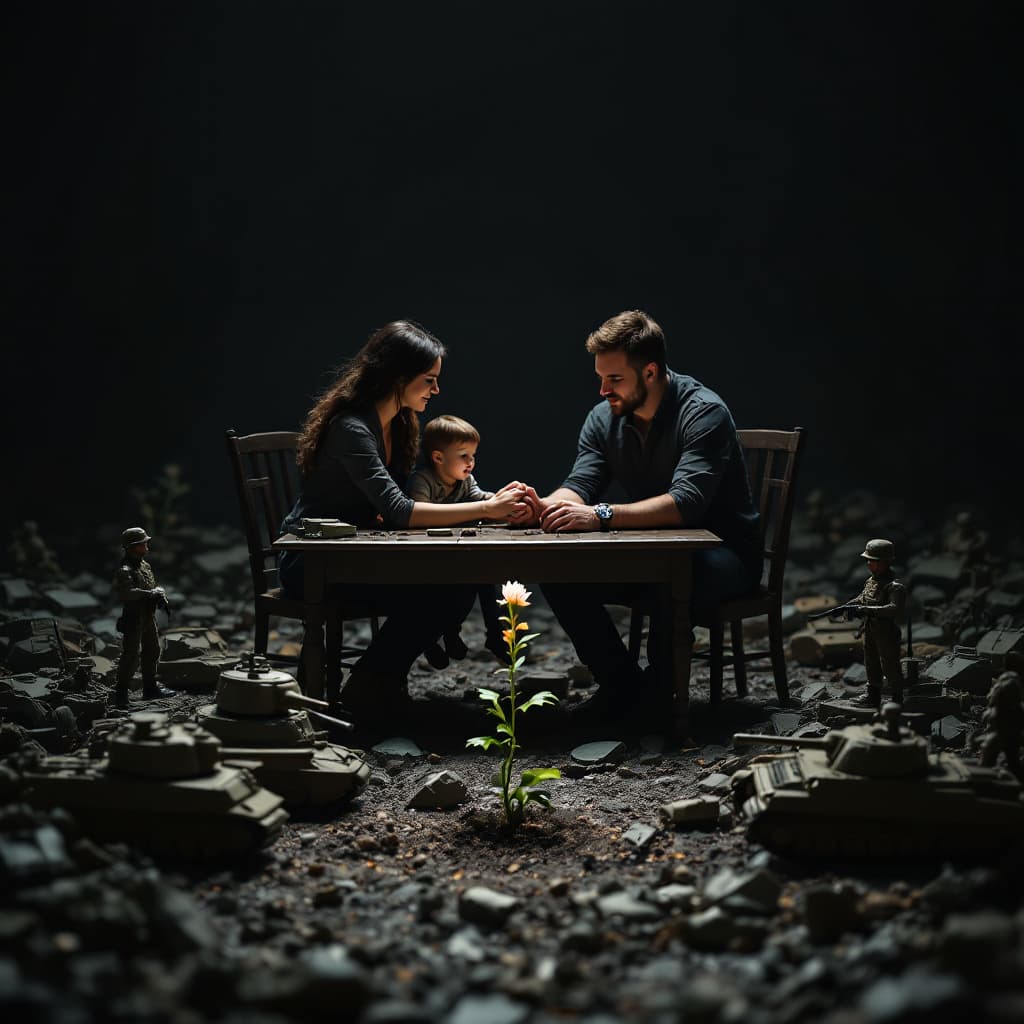 AI generated: In a dark, somber room, a small family—mom, dad, and their young son—sit at a table surrounded by br...