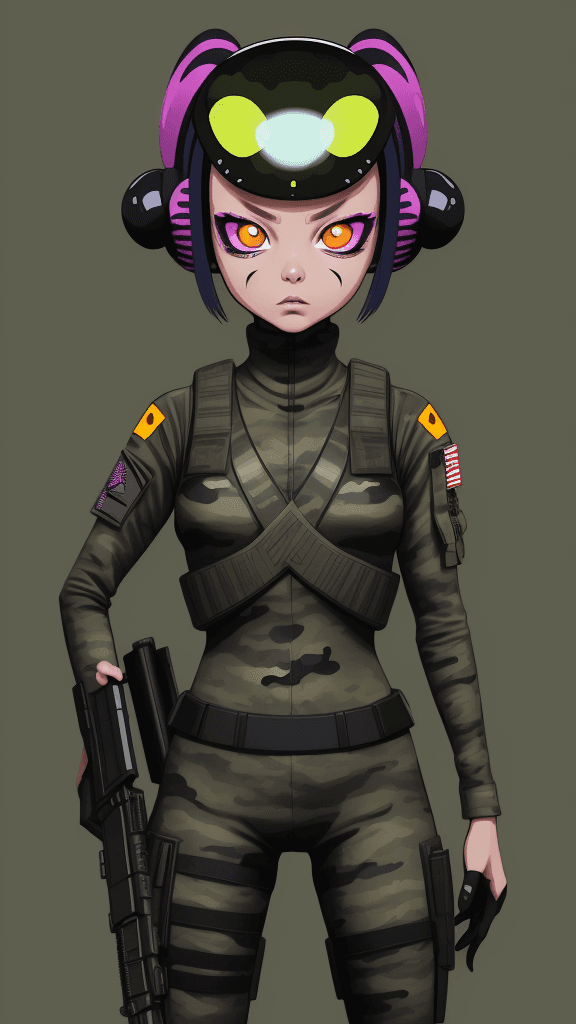 AI generated: in a army funky background portrait of little (alien woman)1.1, wearing (army attire):1. 1, with a (...
