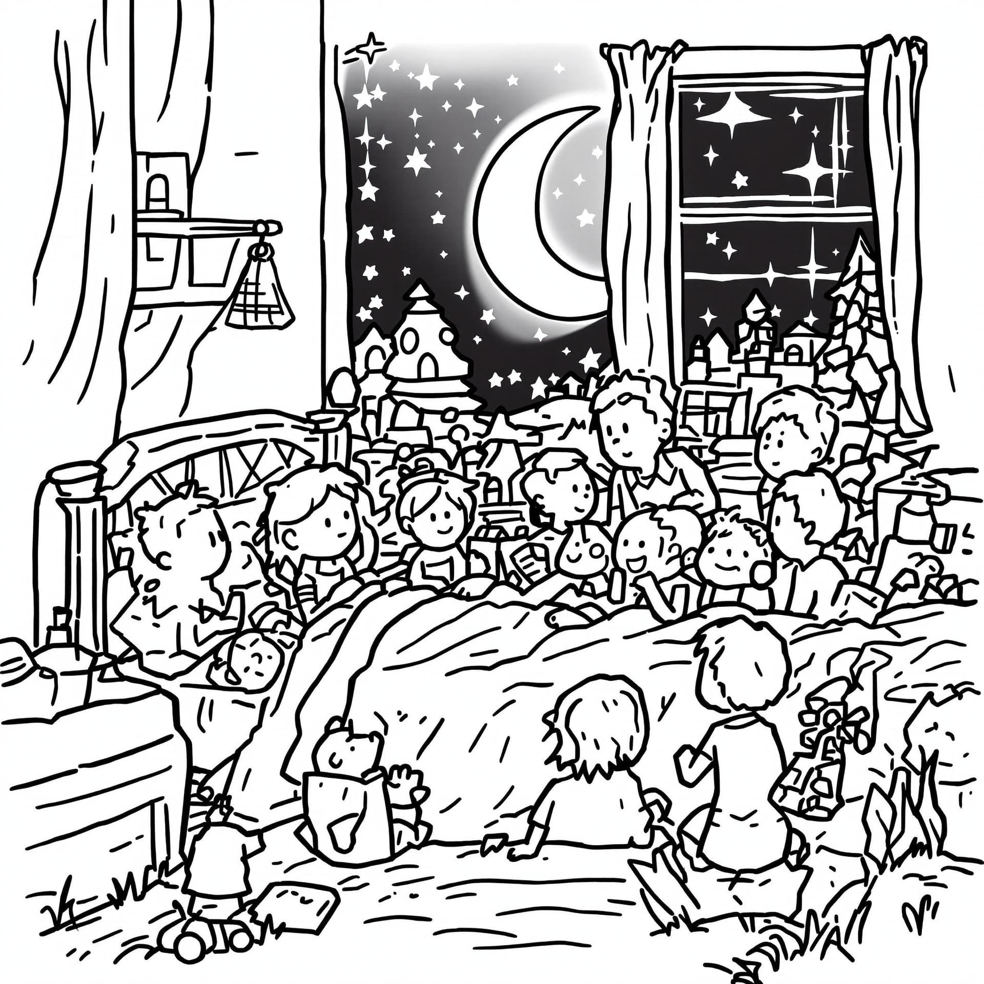 AI generated: High-resolution black-and-white line drawing of a nighttime scene: Include detailed elements such as...