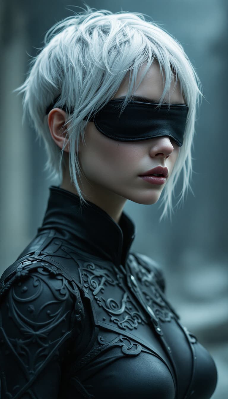 AI generated: A character with short white hair and a blindfold, wearing a sleek, dark outfit with intricate desig...