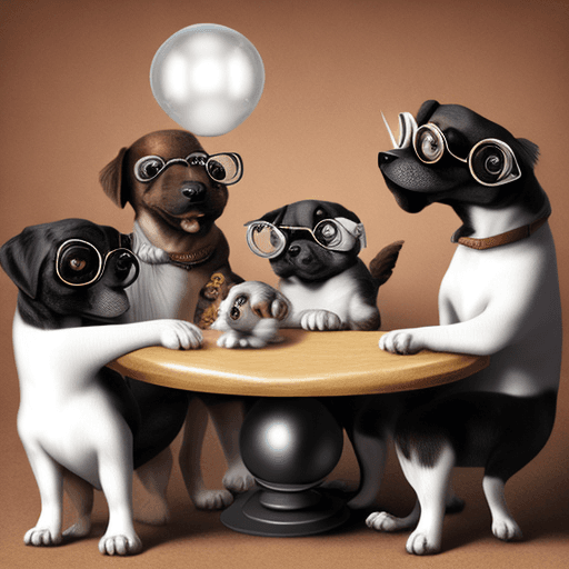 AI generated: hyperrealistic puppies wearing black spectacles sharing ideas, round table, lightbulbs, smiling