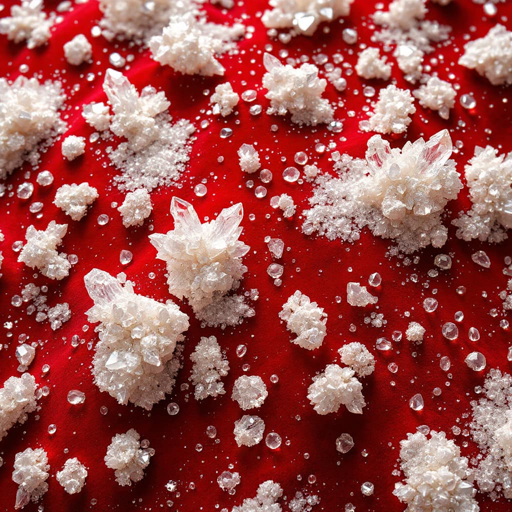 AI generated: A rich, tactile fabric texture inspired by the red fly agaric mushroom (Amanita muscaria). The base ...