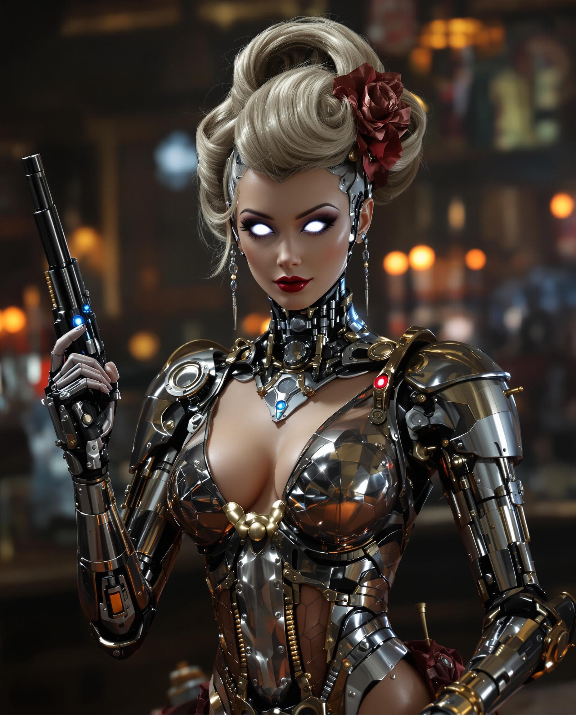 AI generated: Photo of a ultra realistic female robot with chrome skin, steampunk western saloon barmaid, dramatic...