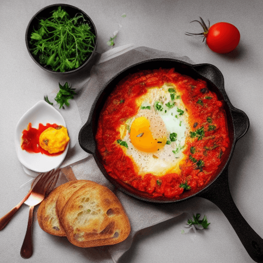 AI generated: photo of a Shakshuka in a copper pan with baked eggs in a tomato sauce, containing tomato, peppers, ...