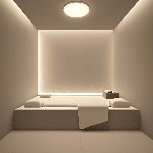 AI generated: very small spa massage room with a serene and modern aesthetic.  The room should incorporate the fol...