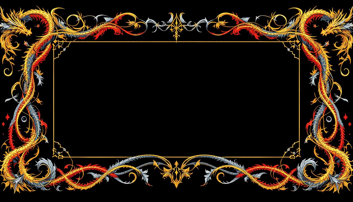 AI generated: A decorative border design featuring intricate, stylized dragons in an epic fantasy style, with no b...