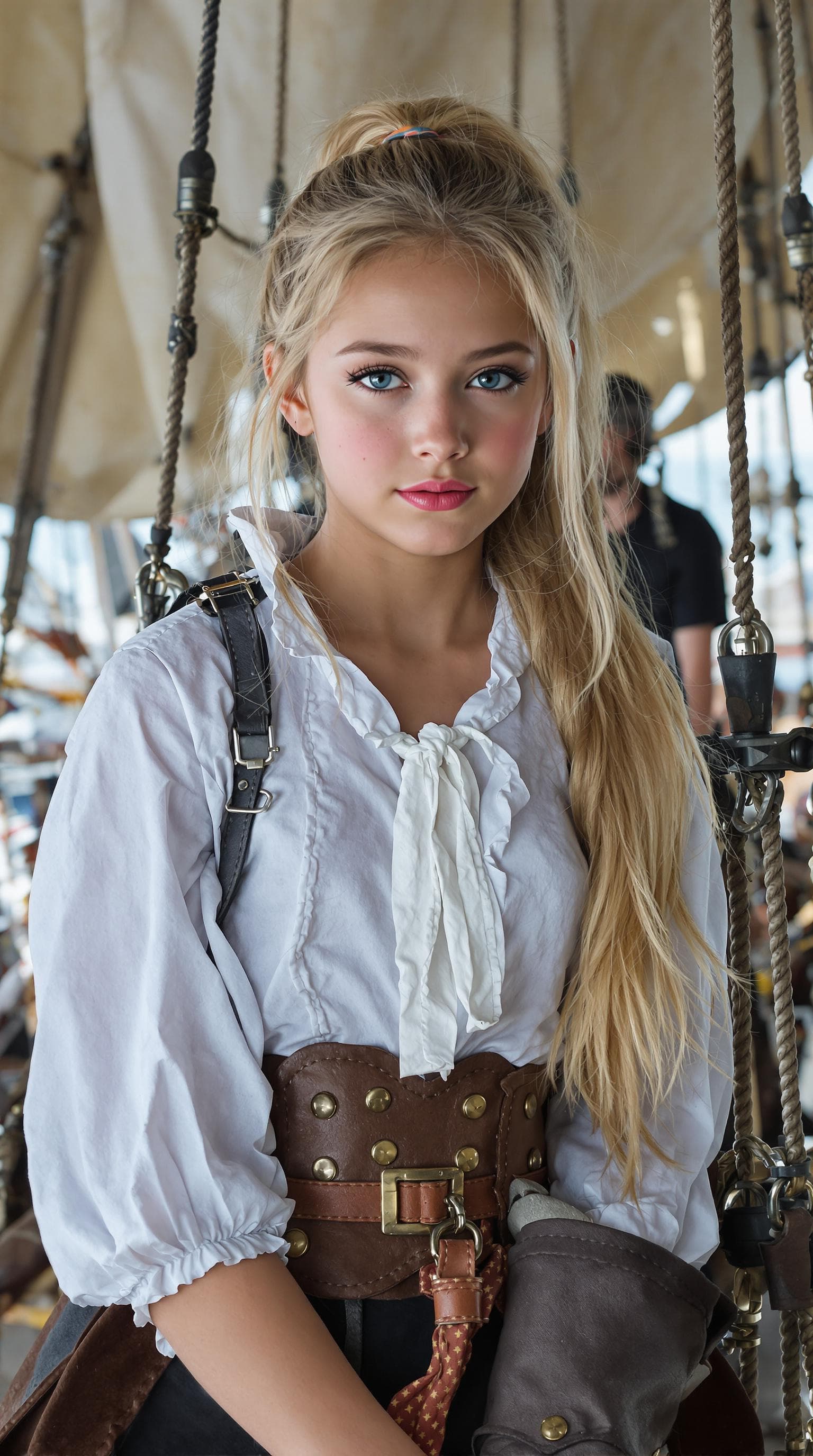 AI generated: a professional photo of a exceptionally beautiful girl aboard pirate ship at sea (age 11), (eleven y...