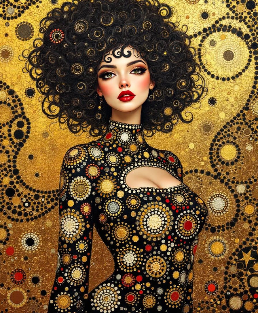 AI generated: Prompt: "A highly detailed, Gustav Klimt-inspired portrait of a woman with voluminous, curly hair ad...