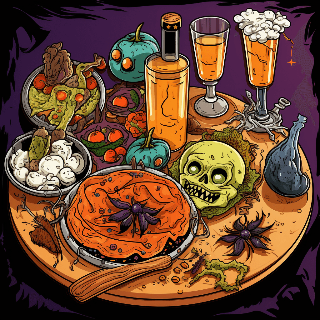 AI generated: Dive into a Halloween clipart culinary adventure: a pizza with toppings arranged to depict a spiderw...