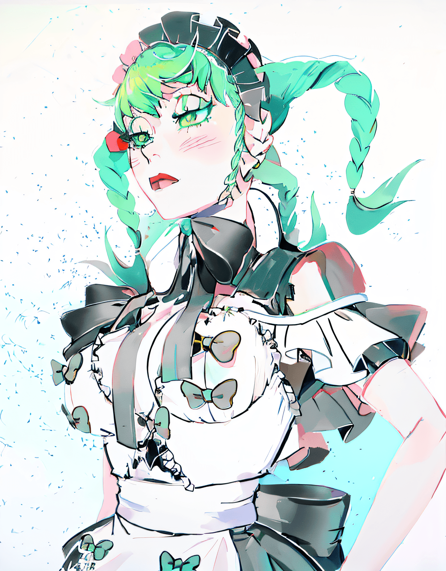 AI generated: anime girl with green hair and red bow in white dress, anime girl in a maid costume, tatsumaki, mari...
