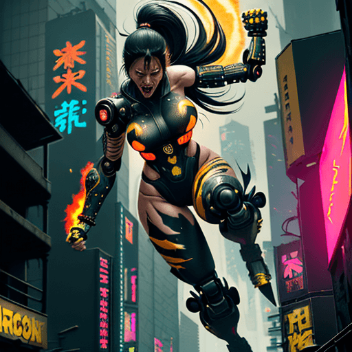 AI generated: painterly style, photorealistic, detailed flying debris, more colorful, a screaming in rage cyberpun...
