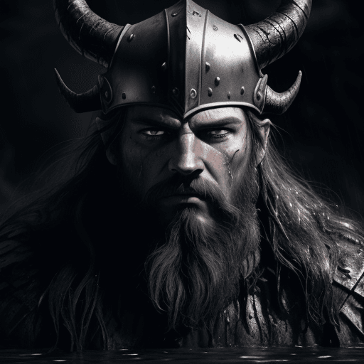 AI generated: Close-up of Viking King emerging from wet black mud :: Dark metal helmet with two large black horns ...