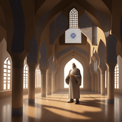 AI generated: a mosque, inside a mosque, islamic style, old islamic priest with long white beard, religous, in the...
