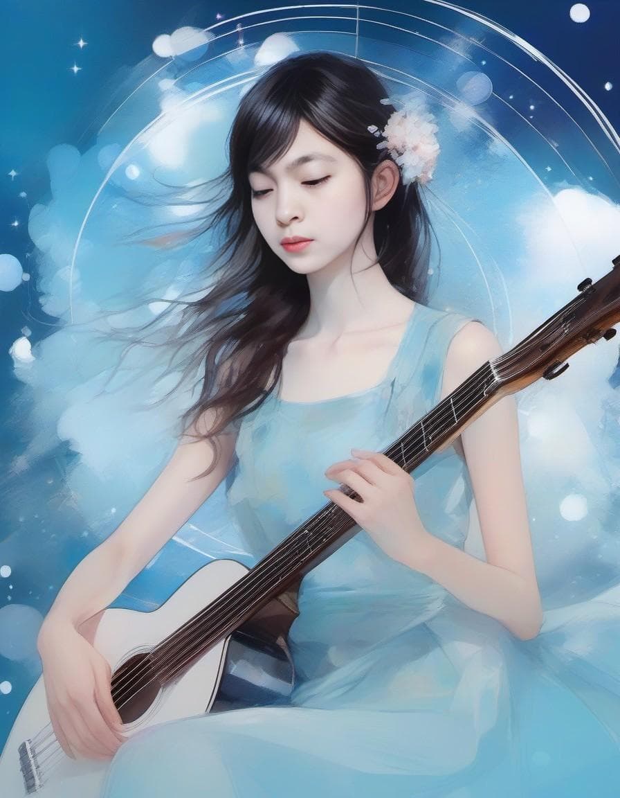 AI generated: Enchanting web 2D illustration, dreamy musician, serene pose, by Yoji Shinkawa, otherworldly aesthet...