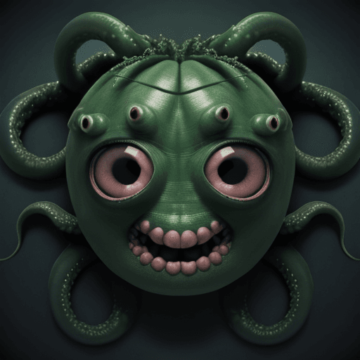 AI generated: Scary dark green monster, round head, no body, big toothy mouth, no eyes, many tentacles, green crac...