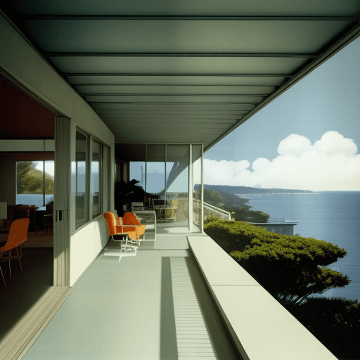 AI generated: Hyper realistic eye level exterior photo of a mid century modern style house overlooking the ocean, ...