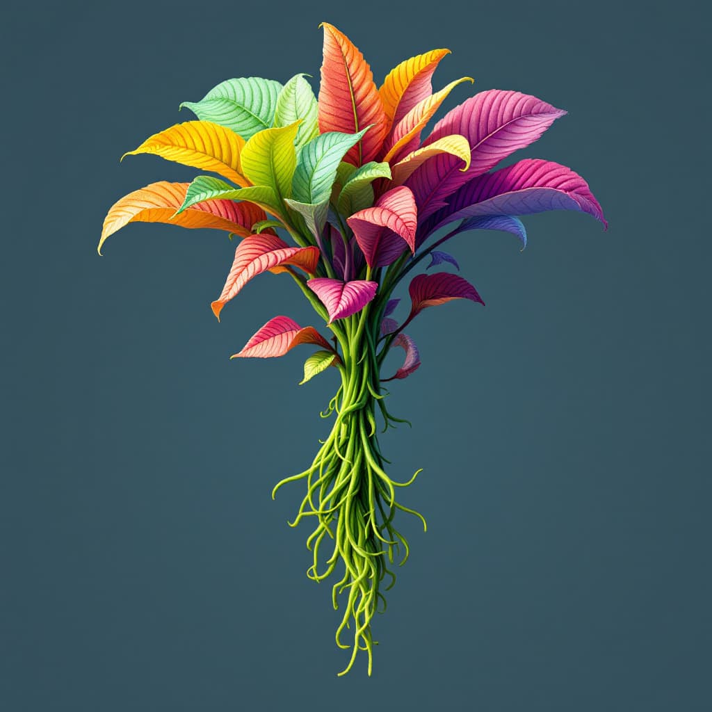AI generated: An imaginary plant that grows upside down, with leaves that change color depending on the time of da...